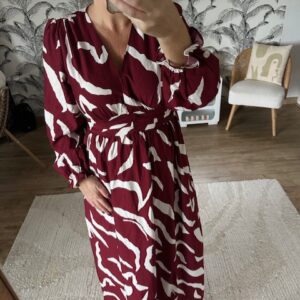 Robe longue imprimée bordeaux et écru